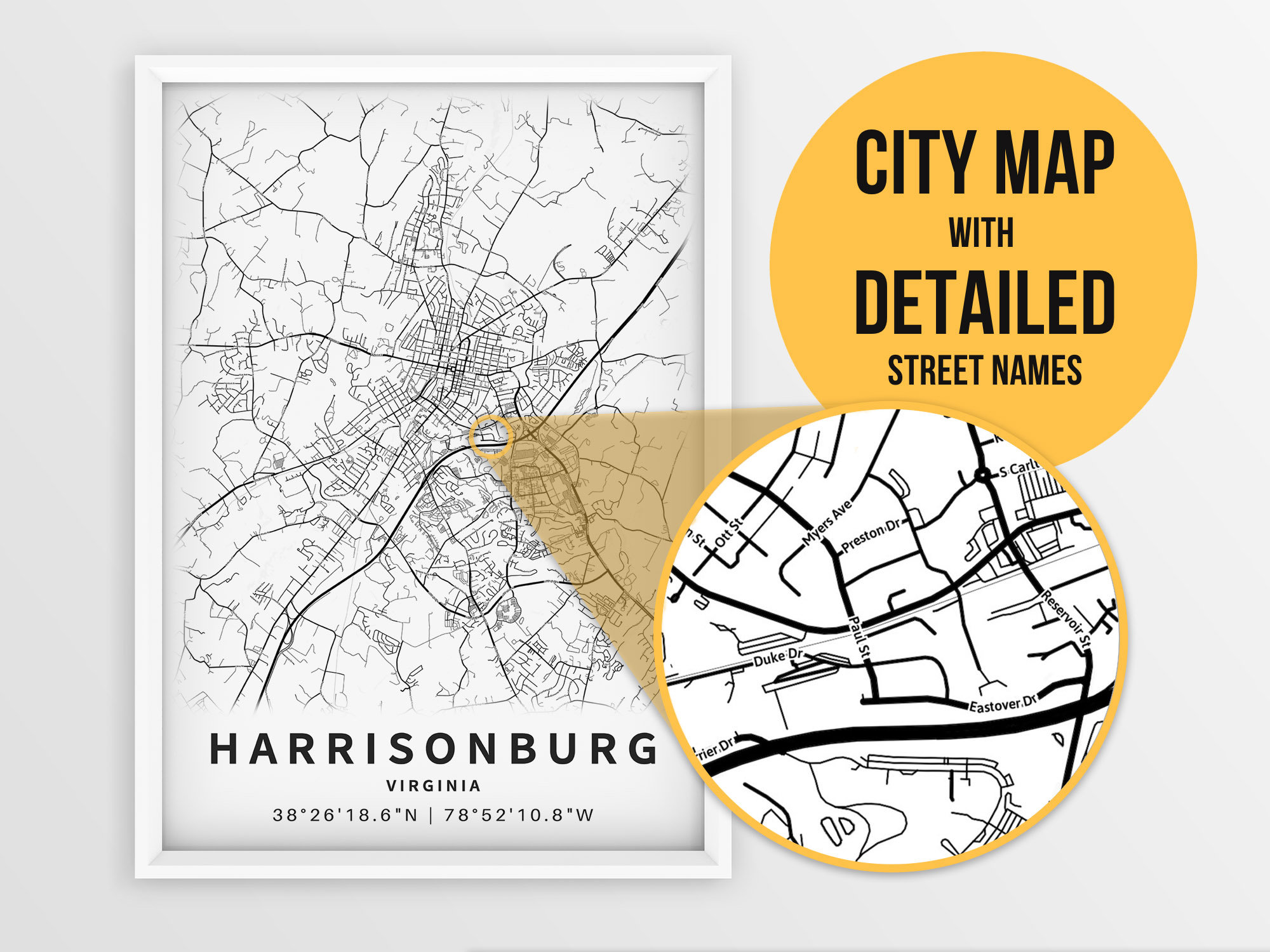 Printable Map of Harrisonburg VA Virginia United States with Etsy