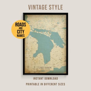 Stampa artistica in stile vintage con mappa del lago Huron / Poster dei Grandi Laghi, Canada e Michigan