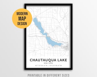 Póster con mapa del lago Chautauqua, Nueva York, para imprimir y decorar tu casa junto al lago (descarga instantánea).