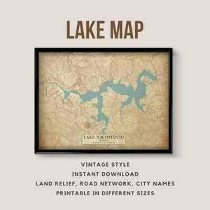 Mapa de estilo vintage imprimible del lago Nacimiento, California, EE. UU. con nombres de ciudades - Descarga instantánea \ Mapa del lago \ Arte de la pared \ Cartel del lago