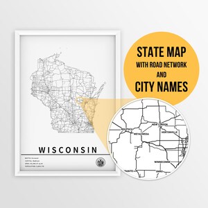 Mapa para impressão de Wisconsin, Estados Unidos com nomes de cidades e estradas - Download instantâneo \ Mapa do estado \ Arte do mapa \ Mapa de alfinetes \ Planejador de viagens