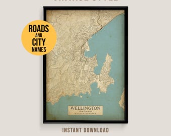 Wellington, New Zealand Vintage Style Map, Printable Wellington City Poster (Instant Download)