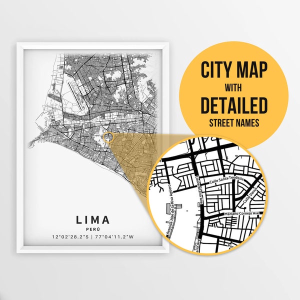 Carte imprimable de Lima, Pérou, avec les noms des rues - téléchargement immédiat \ plan de la ville \ cadeau de voyage \ affiche de la ville \ impression de carte routière \ plan des rues