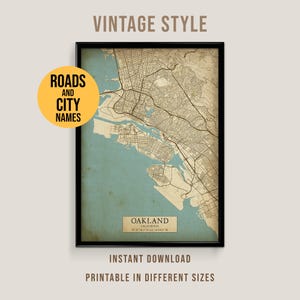 Mapa vintage de Oakland, California. Póster imprimible de la ciudad de Oakland (descarga instantánea).