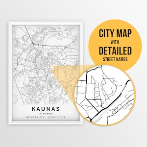 Druckbare Karte von Kaunas, Litauen mit Straßennamen - sofortiger Download ~ Karte ~ ~ Strassenkarte ~ Strassenkarte ~ Poster ~ Strassenkarte