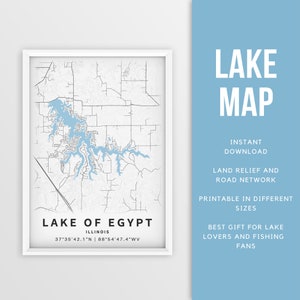 Mapa imprimible del lago de Egipto, Illinois, EE. UU. - Descarga instantánea \ Mapa del lago \ Cartel del mapa \ Decoración de la casa del lago \ LakeLife \ Pesca \ Paseos en bote