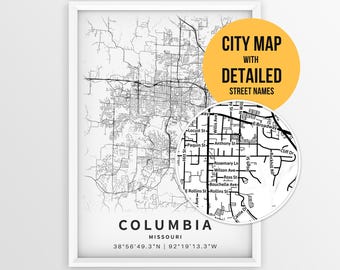 Columbia Missouri Map with Street Names, Printable Columbia City Poster (Instant Download)
