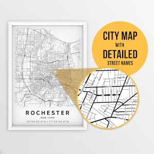 Druckbare Karte von Rochester, New York, USA mit Straßennamen - Sofort Download \ City Map \ Travel Gift \ City Poster \ Road Map Print