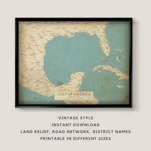 Mapa de estilo vintage imprimible del Golfo de América - Descarga instantánea \ Mapa de la ciudad \ Póster de mapa \ Estilo antiguo \ Impresión de mapas \ Tercera costa