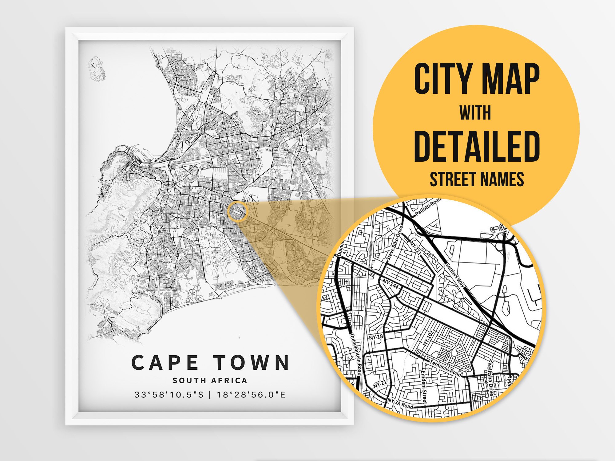 Printable Map of Cape Town South Africa With Street Names - Etsy