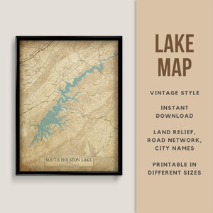Vintage Style Map of South Holston Lake, Virginia, Tennessee, USA with City Map - Instant Download \ Lake Map \ Wall Art \ Printable Poster
