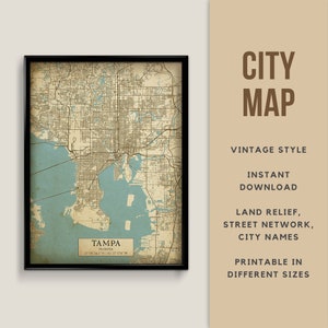 Afdrukbare kaart in vintage-stijl van Tampa (Florida, VS) - direct downloaden \ stratenplan \ muurkunst \ kaartposter \ antieke stijl \ kaartafdruk