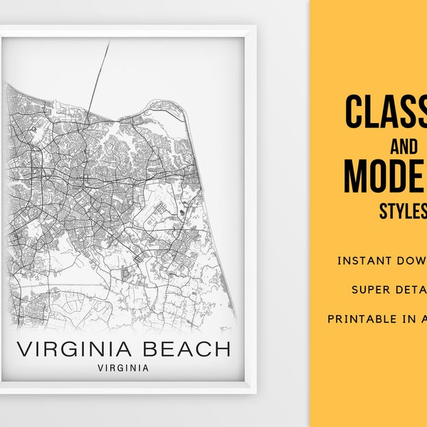 Printable Map of Virginia Beach, Virginia VA USA  - Instant Download \ City Map \ Gift Idea \ Wall Art