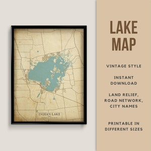 Mappa in stile vintage di Indian Lake, Ohio, Stati Uniti con nomi di città - Download istantaneo \ Mappa del lago \ Arte della parete \ Poster stampabile \ Stampa mappa