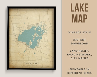 Vintage Style Map of Indian Lake, Ohio, USA with City Names - Instant Download \ Lake Map \ Wall Art \ Printable Poster \ Map Print