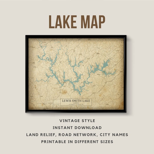 Vintage Style Map of Lewis Smith Lake, Alabama, USA with City names - Instant Download \ Lake Map \ Wall Art \ Printable Poster \ Map Print