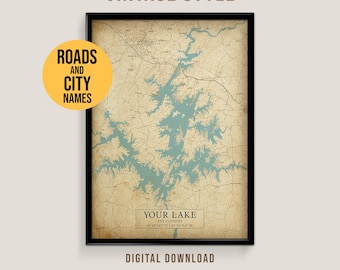 Poster personalizzato con mappa del lago, stampa artistica personalizzata in stile vintage, decorazione per la casa sul lago (download immediato)