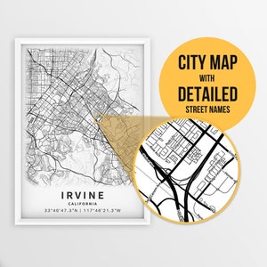 Printable Map of Irvine, California, USA with Street Names - Instant Download \ City Map \ Travel Gift \ City Poster \ Road Map Print