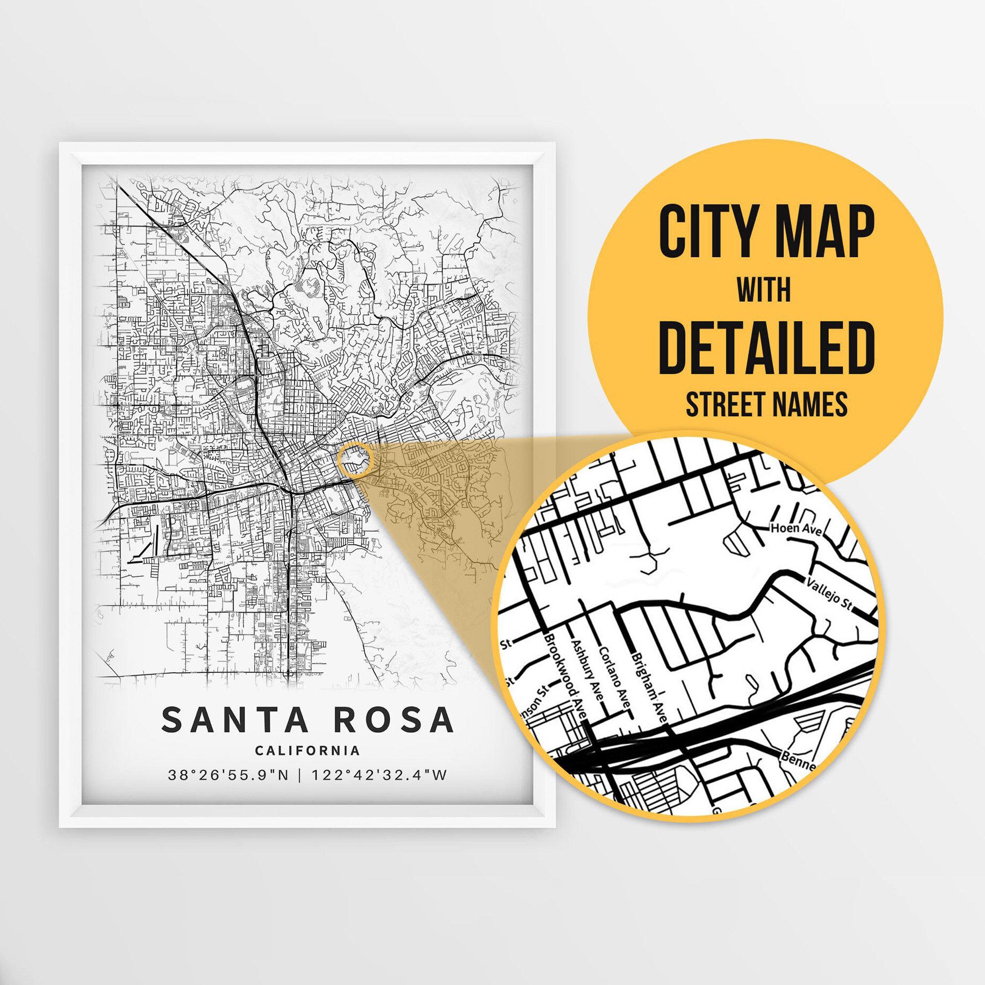 Printable Map of Santa Rosa, California, USA With Street Names - Instant  Download \\ City Map \\ Travel Gift \\ City Poster \\ Road Map Print - Etsy, image size:2000x2000