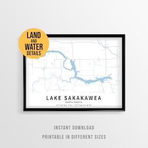 Póster del mapa del lago Sakakawea, decoración imprimible para casa en el lago de Dakota del Norte (descarga instantánea)
