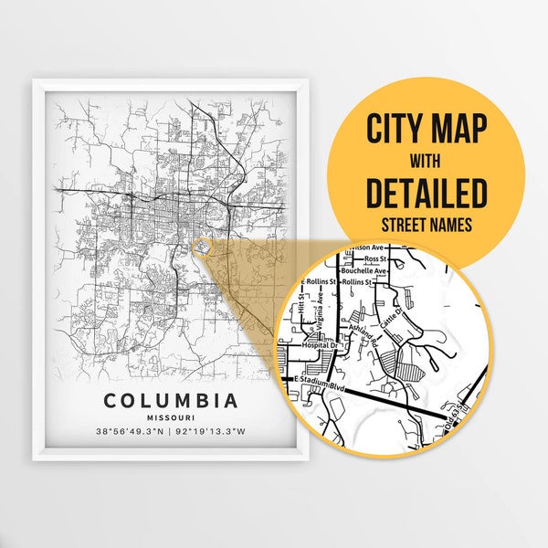 Printable Map of Columbia, Missouri, USA with Street Names - Instant Download \ City Map \ Travel Gift \ City Poster \ Road Map Print