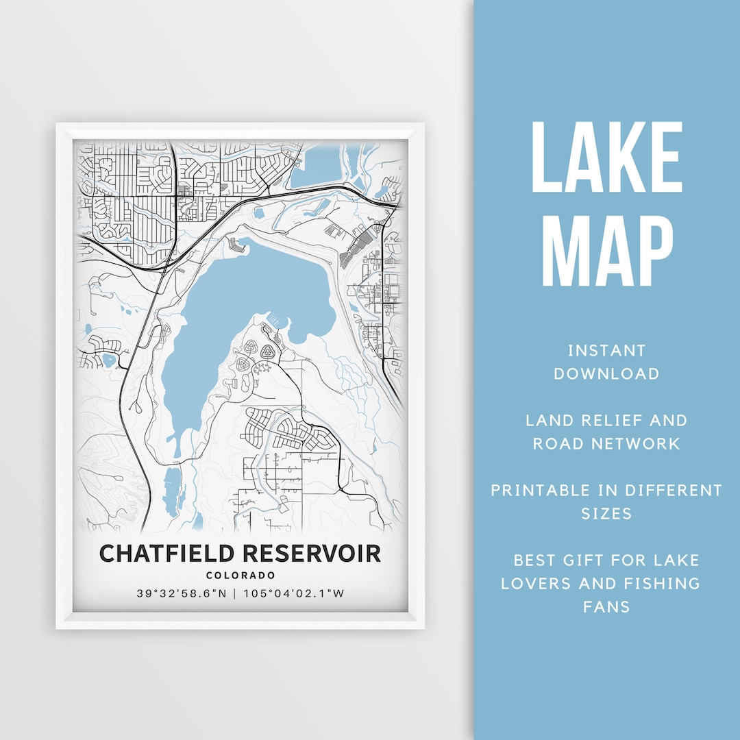 Printable Map of Chatfield Reservoir, South Platte River, Colorado, US