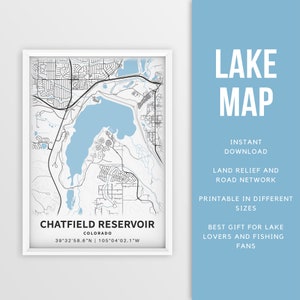 Mapa imprimible del embalse de Chatfield, río South Platte, Colorado, EE. UU. - Descarga instantánea \ Mapa del lago \ Decoración de la casa del lago \ Pesca \ Paseos en bote
