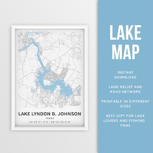 Mappa stampabile del lago Lyndon B. Johnson (Lago LBJ), Texas - Download istantaneo \ Mappa del lago \ Lake House Decor \ LakeLife \ Pesca \ Canottaggio