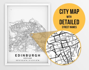 Printable Map of Edinburgh, Scotland, United Kingdom with Street Names - Instant Download \ City Map \ Travel Gift \ City Poster \ Road Map