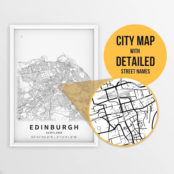 Printable Map of Edinburgh, Scotland, United Kingdom with Street Names - Instant Download \ City Map \ Travel Gift \ City Poster \ Road Map