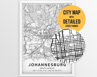 Johannesburg Map with Street Names, Printable South Africa Map Poster (Instant Download)