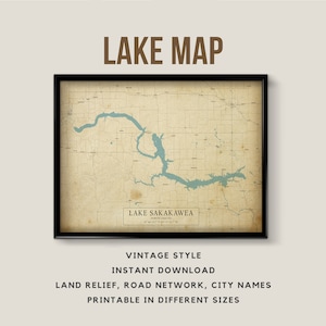 Mapa de estilo vintage imprimible del lago Sakakawea, Dakota del Norte con nombres de ciudades - Descarga instantánea \ Mapa rústico \ Mapa de carteles \ Lake House
