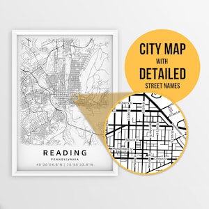 Carte imprimable de Reading, Pennsylvanie, États-Unis avec noms de rues - Téléchargement instantané \ Plan de la ville \ Cadeau de voyage \ Affiche de la ville \ Impression de carte routière