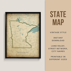 Minnesota druckbare Vintage-Stil Karte Poster - sofortiger Download, Minnesota Straßenkarte, Minnesota Poster, Minnesota antiker Stil Karte