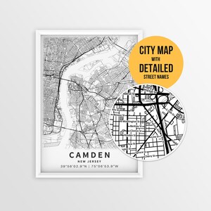 Mapa de Camden, Nueva Jersey, con nombres de calles, póster imprimible de la ciudad de Camden (descarga instantánea)