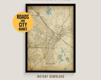 Macon, Georgia Vintage Style Map, Printable Macon City Poster (Instant Download)