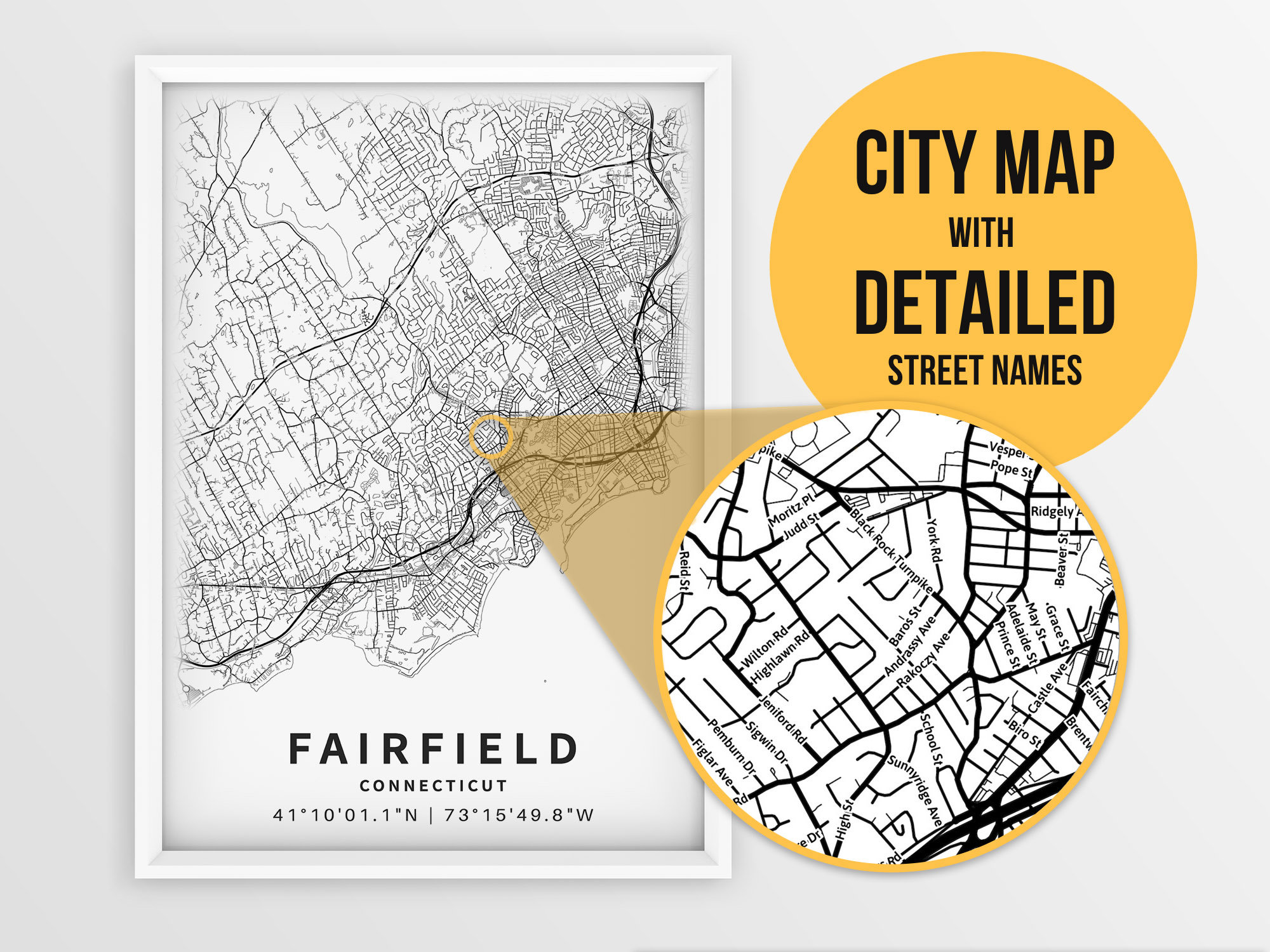 Printable Map of Fairfield Connecticut CT United States With Etsy