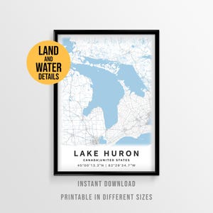 Poster con mappa del lago Huron, decorazione stampabile per case sul lago del Michigan e Ontario (download immediato)