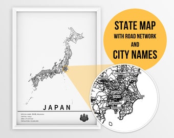 Printable Map of Japan with city names and roads - Instant Download \ Country Map \ Map Art \ Push Pin Map \ Travel Planner \ Japan Gift