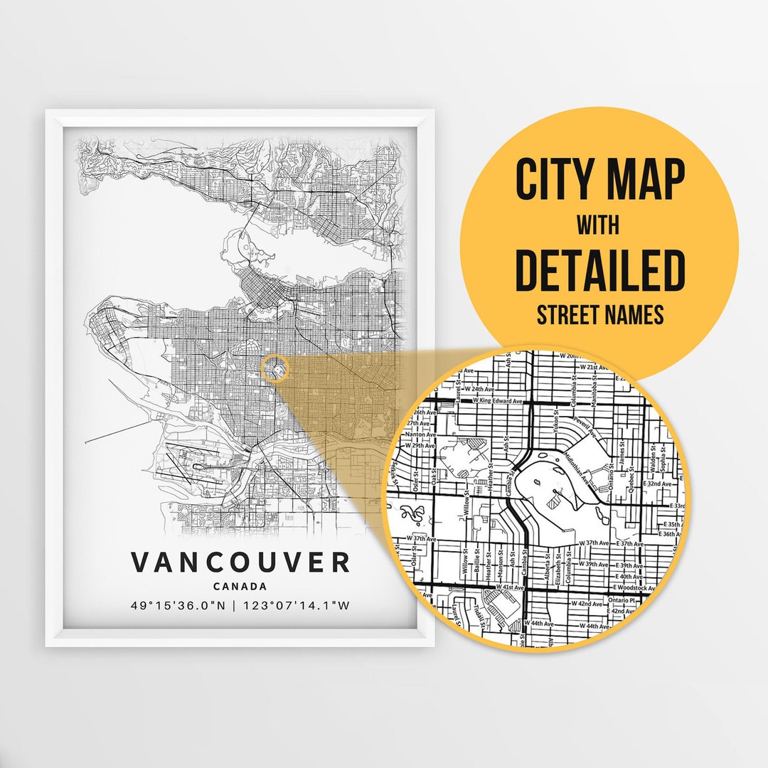 Printable Map of Vancouver, British Columbia, Canada With Street Names ...