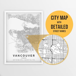 Mapa para impressão de Vancouver, Colúmbia Britânica, Canadá com nomes de ruas - download instantâneo \ Mapa da cidade \ Presente de viagem \ Cartaz da cidade \ Mapa de estradas