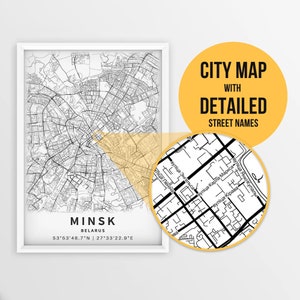 Druckbare Karte von Minsk, Weißrussland mit Straßennamen - Sofort Download \ City Map \ Travel Gift \ City Poster \ Road Map Print \ Street Map