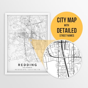 Druckbare Karte von Redding, Kalifornien, USA mit Straßennamen - Sofortdownload ~ Karte ~ ~ Strassenkarte ~ Strassenkarte