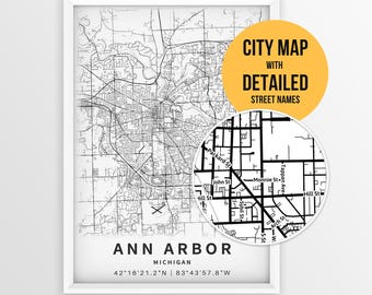Ann Arbor Michigan Map with Street Names, Printable Michigan City Poster (Instant Download)