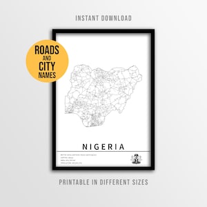 Nigeria Map Poster, druckbare Straßenkarte mit Städtenamen (Instant Download)