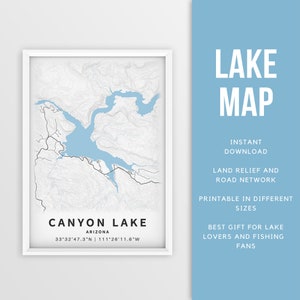 Mapa imprimible de Canyon Lake, Salt River, Arizona - Descarga instantánea \ Mapa del lago \ Cartel del mapa \ Lake House \ LakeLife \ Pesca \ Paseos en bote