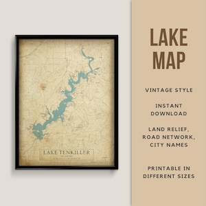 Mapa de estilo vintage Tenkiller Ferry Lake, Oklahoma, EE. UU. con nombres de ciudades - Descarga instantánea \ Mapa del lago \ Arte de la pared \ Cartel imprimible \ Rústico