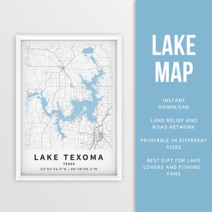 Mappa stampabile del lago Texoma, Oklahoma, Texas, Stati Uniti - Download istantaneo \ Mappa del lago \ Mappa Poster \ Lake House Decor \ Pesca \ Canottaggio