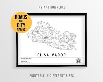 El Salvador Map Poster, Printable Country Push Pin Map with City Names (Instant Download)