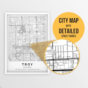 Druckbare Karte von Troy, Michigan, USA mit Straßennamen - Sofort Download \ City Map \ Travel Gift \ City Poster \ Road Map Print \ Wall Art